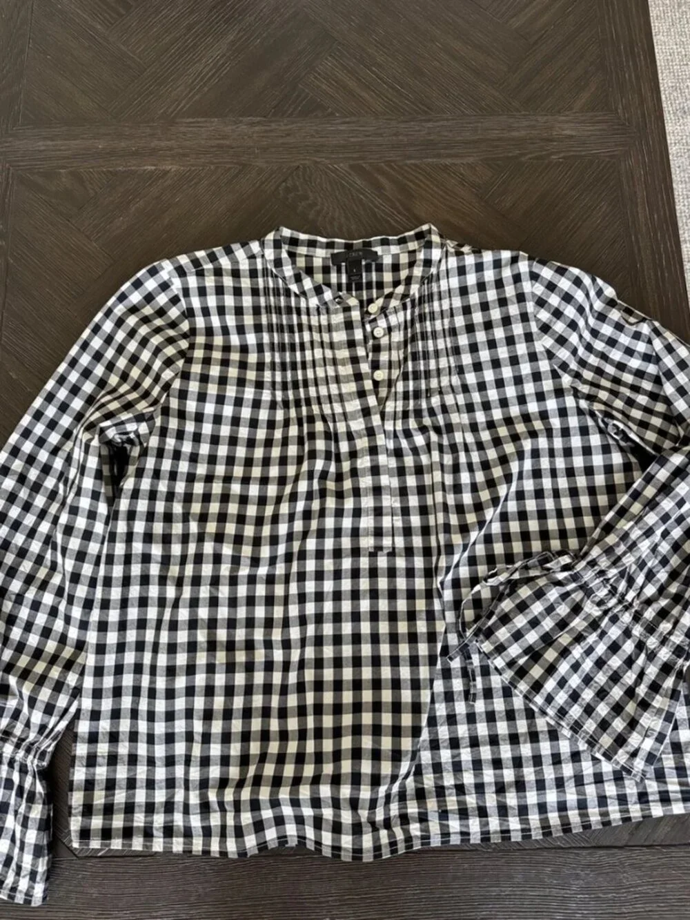 J.Crew Gingham Blouse Small Black White Ruffle Sleeve Business Casual Top